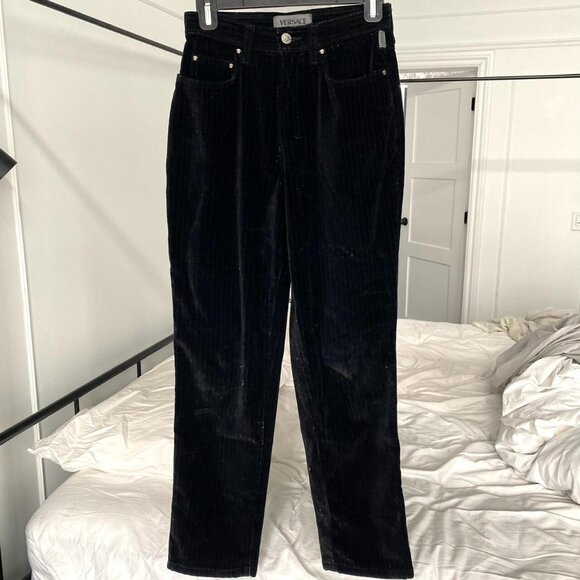 Vintage 90s Versace Jeans Couture Authentic Women’s Black Velvet Shimmer Pants - Picture 2 of 8